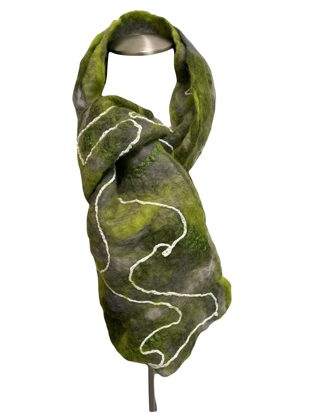 Olive Green and Gray Felted Merino Wool Scarf with White Embellished Yarns